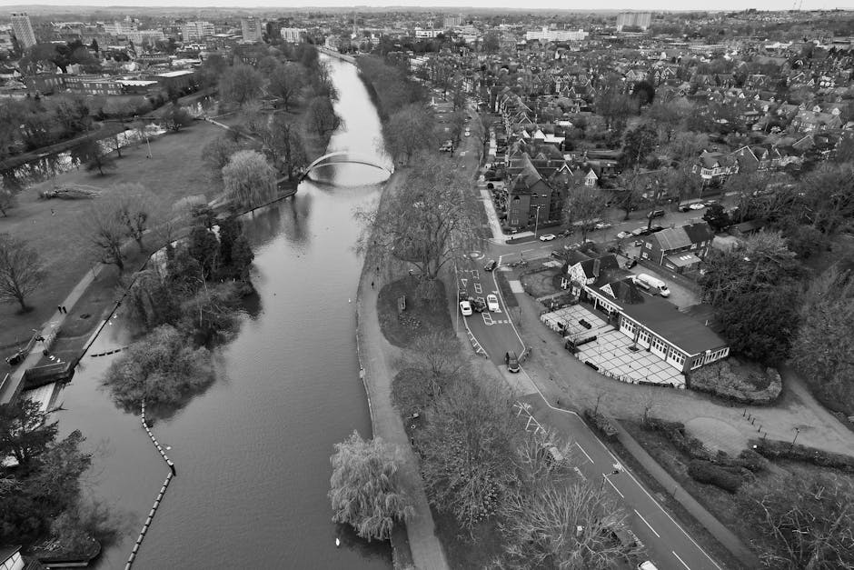 Aerial black-and-white photograph of Bedford Park focusing on the River Thames, which runs through the centre of the image, with a pedestrian bridge crossing over it. To the right of the river, there are residential houses with pitched roofs, some with small gardens and driveways. Near the bottom right, a building with large windows and an outdoor seating area is visible, possibly part of a local retail or dining establishment. Adjacent to this building is a parking area with several cars, and roads with marked parking spaces and traffic lanes. On the left side of the river, a park area with numerous trees, pathways, and a small boat dock is visible, indicating a peaceful green space close to the residential zone. The scene captures a typical neighbourhood environment, suggestive of a home relocation or moving process taking place nearby, with the image representing the local landscape that Man with Van Bedford Park services for house removals and furniture transport within the area.