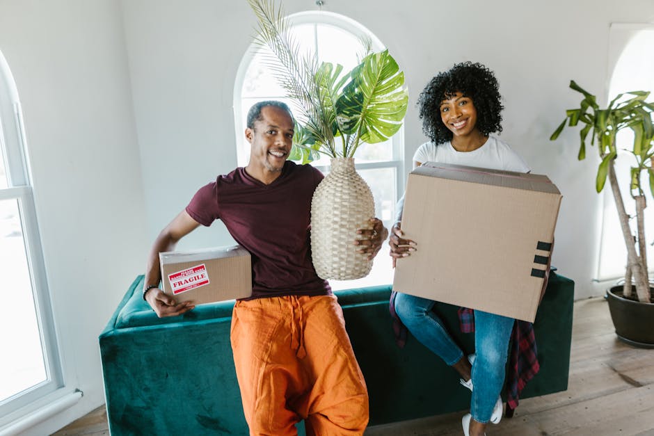 A man and woman smiling and carrying boxes inside a bright, modern living room with white walls, large arched window, and wooden flooring. The man is holding a small cardboard box labeled 'fragile' in